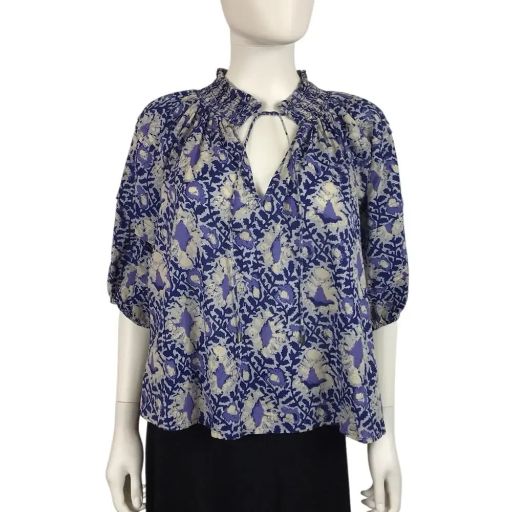 Free Peo­ple Blue & Grey Floral Cotton Blouse Relaxed 3/4 Sleeves Flowy